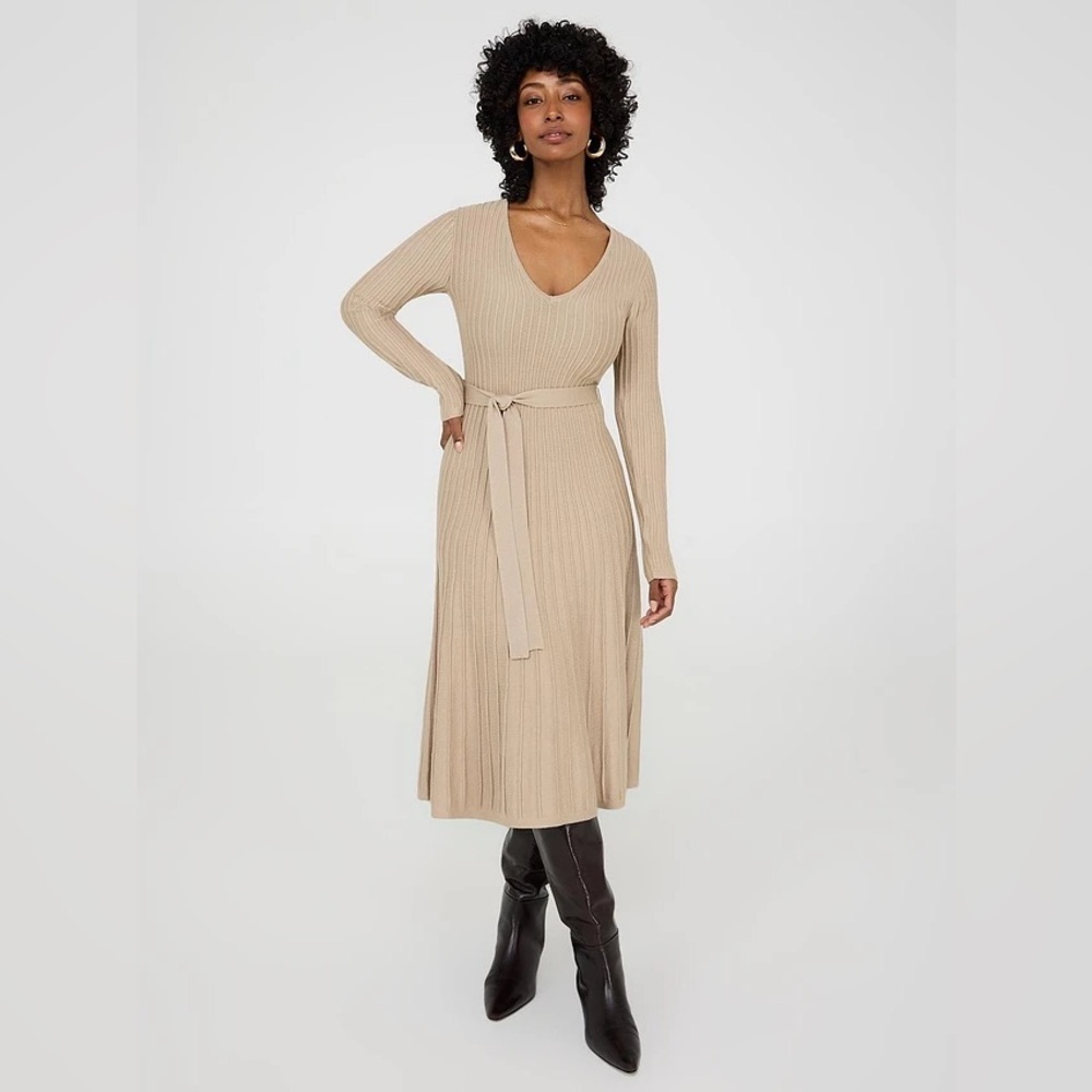 Fit & Flare Sweater Dress New XXL V-Neck Tie-Waist Long Sleeve Beige Casual